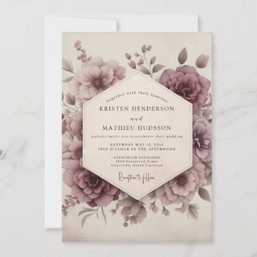 Mauve Bloom Romantic Vintage Wedding Einladung (Vorderseite)