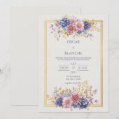 Mauve Blue Botanical Gold Frame Wedding Einladung (Vorne/Hinten)