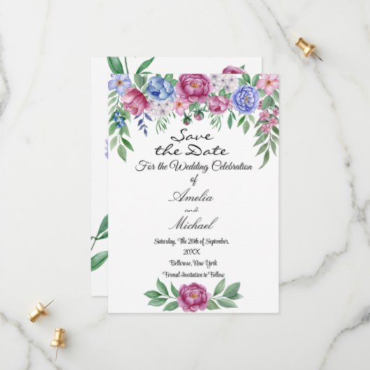 Mauve Blue Peonies Floral Save The Date (Vorderseite/Rückseite Beispiel)
