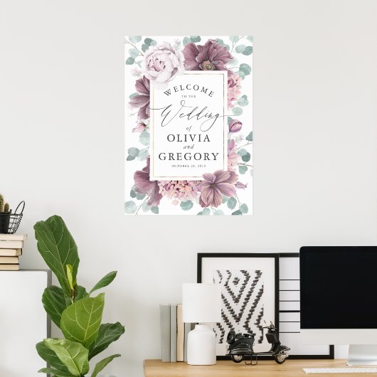 Mauve Blume Elegante Grüne Hochzeit Willkommen Poster (Heimbüro)