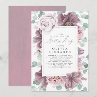 Mauve Blume und Grün Elegant Moderne Moderne Einladung