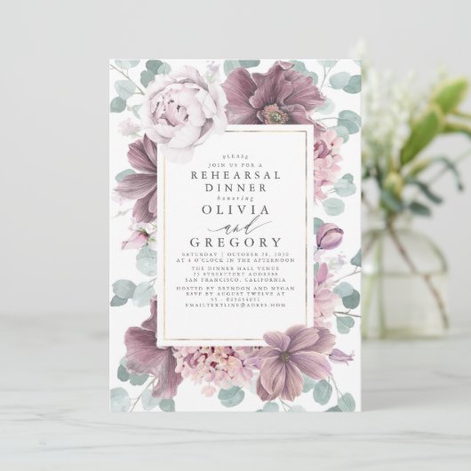 Mauve Blume und Grüne Moderne Probe Abendessen Einladung (Stehend Vorderseite)