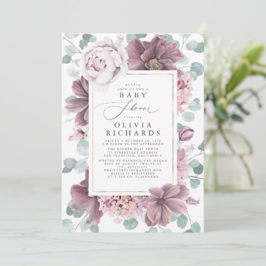 Mauve Blume und Grünpflanzen Elegante Babydusche Einladung (Stehend Vorderseite)