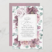 Mauve Blume und Grünpflanzen Elegante Babydusche Einladung (Vorne/Hinten)