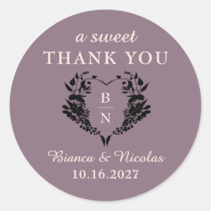 Mauve Blumen Herz Monogramm Hochzeit Danke Runder Aufkleber
