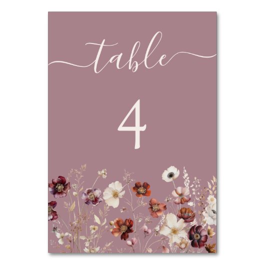 Mauve Boho Fall Wildblume Wedding Tischnummer (Vorderseite)