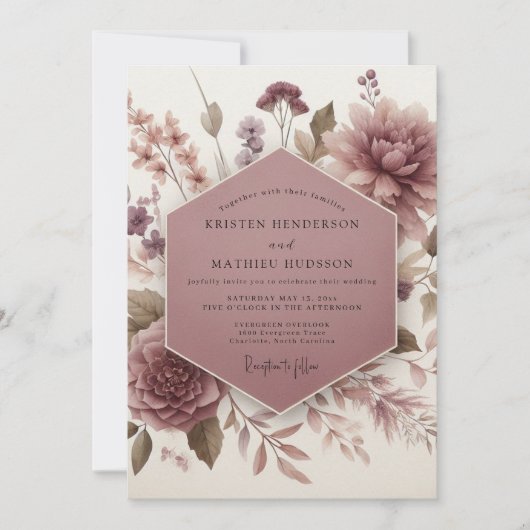 Mauve Botanical Bloom Wedding Einladung (Vorderseite)