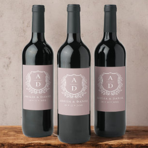 Mauve Botanisches Wappen Moderne Monogramm Hochzei Weinetikett