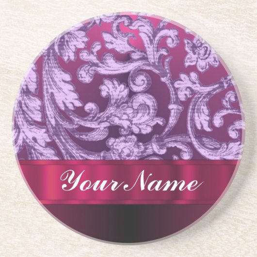Mauve Damask Blumenmuster auf Magenta Sandstein Untersetzer (Vorne)