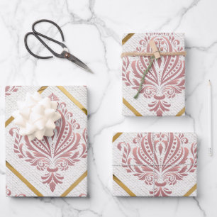 Mauve Damask, Rose für Vintagen Glamour auf weißem Geschenkpapier Set