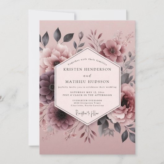 Mauve Düstere Flora Hochzeit Einladung (Vorderseite)