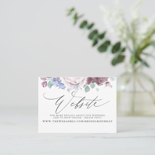 Mauve Dusty Blue Floral Wedding Website Card Visitenkarte (Stehend Vorderseite)