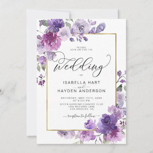 Mauve Dusty Lila Lilac Floral Gold Hochzeit Einladung (Vorderseite)