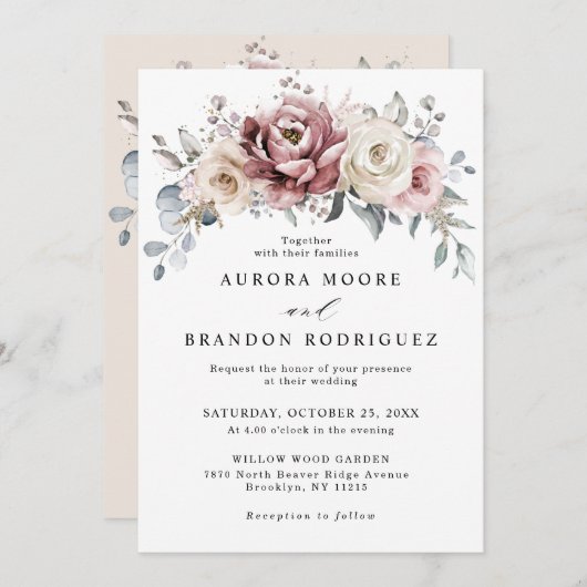 Mauve Dusty Rose Khaki Floral Wedding Einladung (Vorne/Hinten)