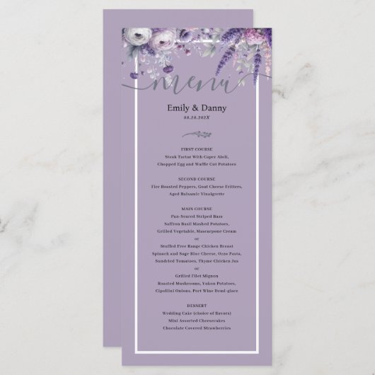 Mauve Elegant Lavender Botanical Wedding Menu Menükarte (Vorne/Hinten)