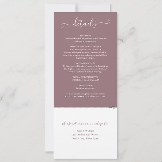 Mauve Elegant Script in einer Hochzeit Einladung (Rückseite)