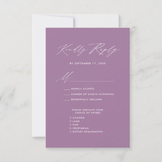 Mauve Elegant Script Minimalistisch Chic Wedding R RSVP Karte (Vorderseite)