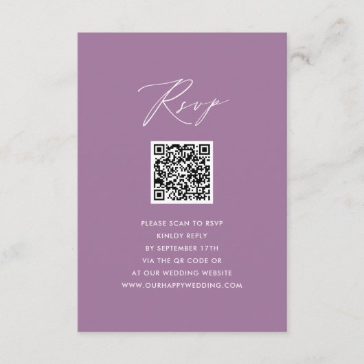 Mauve Elegant Script Minimalistisch QR Wedding RSV Begleitkarte (Vorderseite)