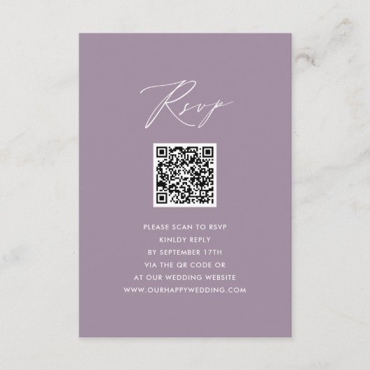 Mauve Elegant Script Minimalistisch QR Wedding RSV Begleitkarte (Vorderseite)