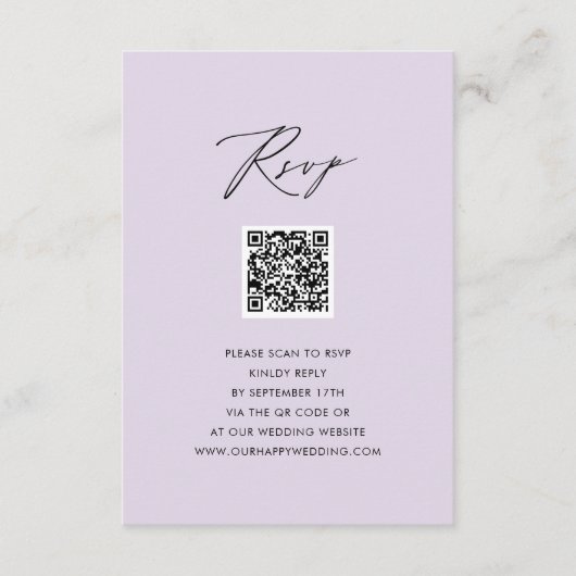 Mauve Elegant Script Minimalistisch QR Wedding RSV Begleitkarte (Vorderseite)
