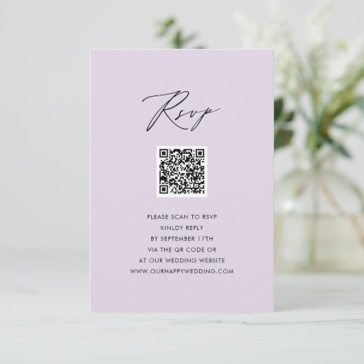 Mauve Elegant Script Minimalistisch QR Wedding RSV Begleitkarte (Stehend Vorderseite)