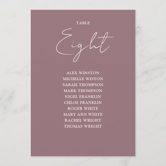 Mauve Elegante Moderne Seating Chart Tischnummer (Rückseite)