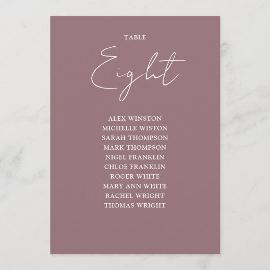 Mauve Elegante Moderne Seating Chart Tischnummer (Vorderseite)