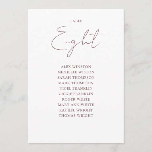 Mauve Elegante Moderne Seating Chart Tischnummer (Vorderseite)