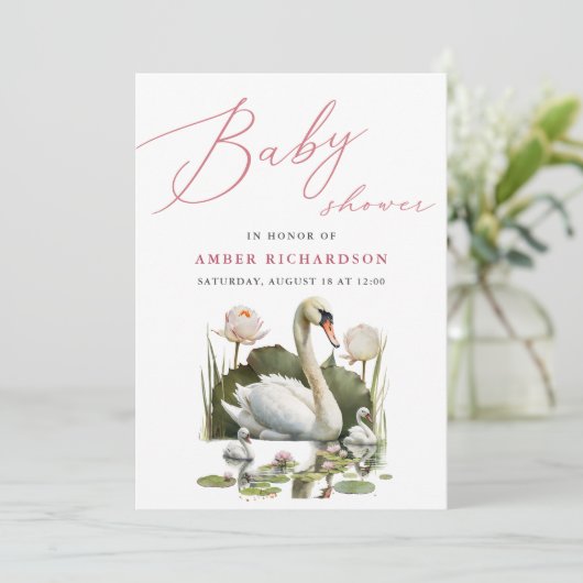 Mauve Elegante Script Minimalistisch Swan Baby Sho Einladung (Stehend Vorderseite)
