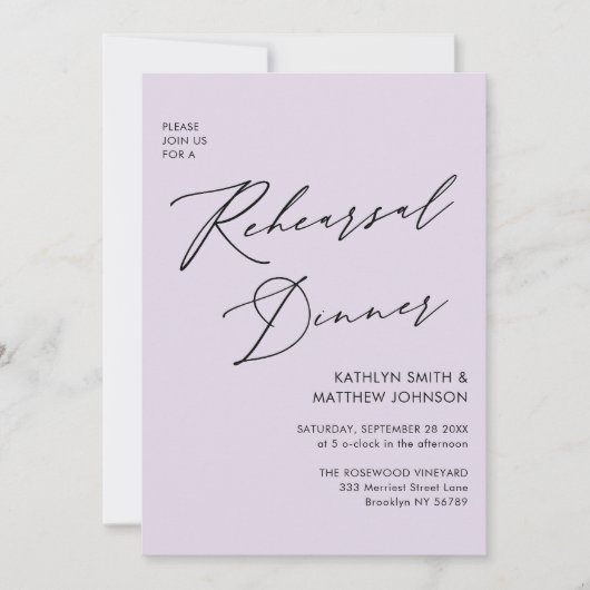 Mauve Elegante Script Probe Dinner Minimal QR Einladung (Vorderseite)