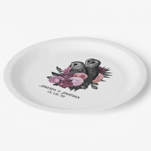 Mauve Floral Glam Gothic Owls Pappteller (Schrägansicht)