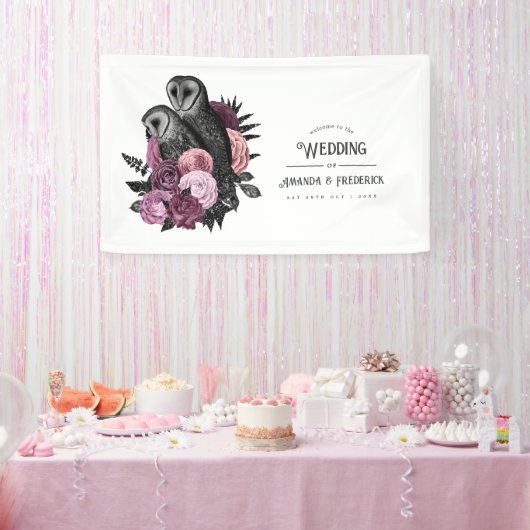 Mauve Floral Glam Gothic Owls Wedding Banner (Party)