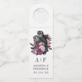 Mauve Floral Glam Gothic Owls Wedding Bottle Hange Flaschenanhänger (Vorderseite)