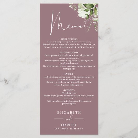 Mauve Floral Greenery Monogram Wedding Dinner Menükarte (Vorderseite)