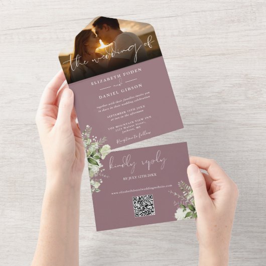 Mauve Floral Greenery QR Code Wedding Foto All In One Einladung (Abreißen)