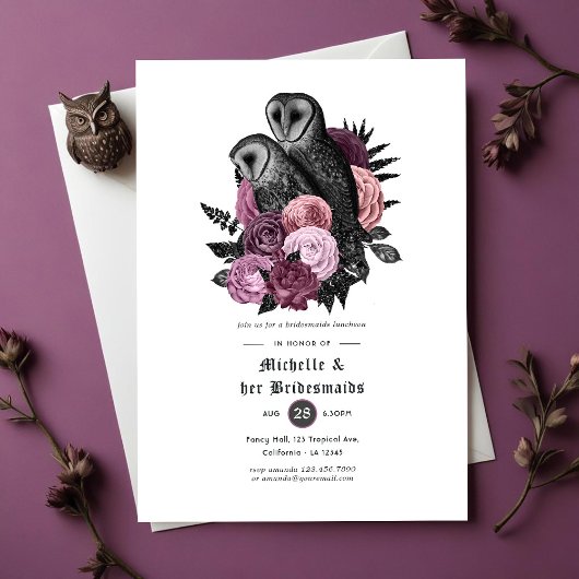Mauve Floral Owls Gothic Bridesmaids Luncheon Einladung