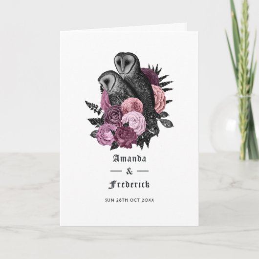Mauve Floral Owls Gothic Wedding Programm (Vorderseite)