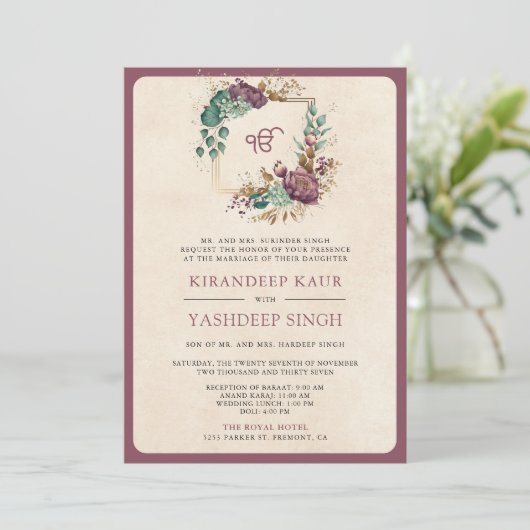 Mauve Floral QR Code Anand Karaj Sikh Wedding Einladung (Stehend Vorderseite)