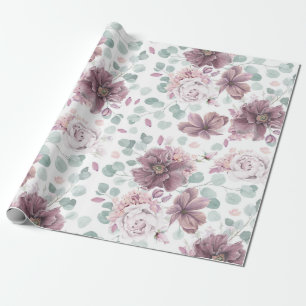 Mauve Floral und Eucalyptus Blätter Elegant Geschenkpapier