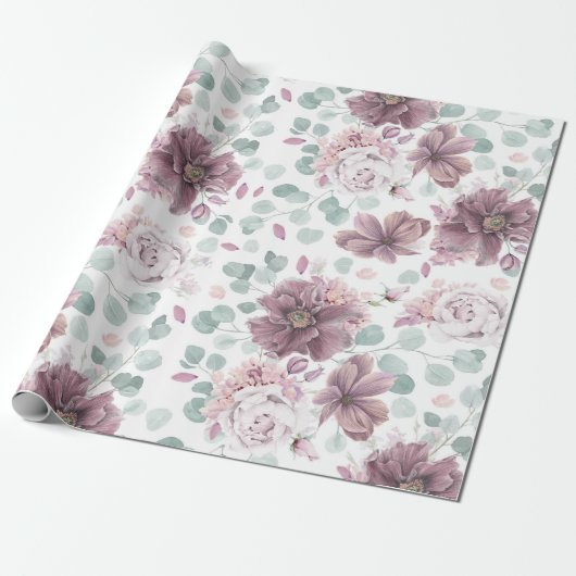 Mauve Floral und Eukalyptus Blätter Elegant Geschenkpapier (Ungerollt)