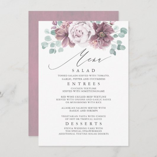 Mauve Floral Wedding Menu Menükarte (Vorne/Hinten)