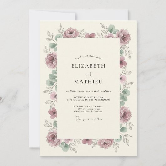 Mauve Florale Hochzeit Einladung (Vorderseite)