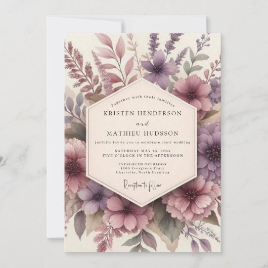 Mauve Florale Hochzeitsromantik Einladung (Vorderseite)