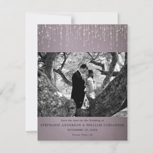 Mauve-Foto mit leuchtenden Lichtern Save the Date Einladung (Vorderseite)