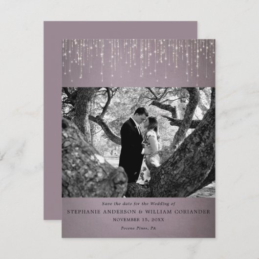 Mauve-Foto mit leuchtenden Lichtern Save the Date Einladung (Vorne/Hinten)