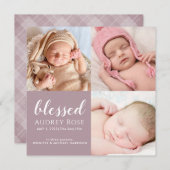 Mauve gesegnetes Baby Three Foto Collage Karierte  Ankündigung (Vorne/Hinten)