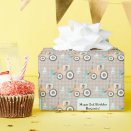 Mauve Gingham Kariert Farm Tractor Foto Name Geschenkpapier