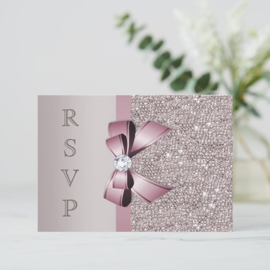 Mauve Gray Sequins Diamonds Bow UAWG RSVP Karte (Stehend Vorderseite)