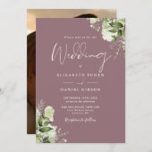 Mauve Greenery Floral Elegantes Foto Hochzeit Einladung (Vorne/Hinten)