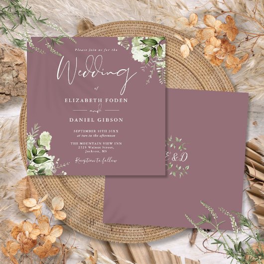 Mauve Greenery Floral Monogram Square Wedding Einladung